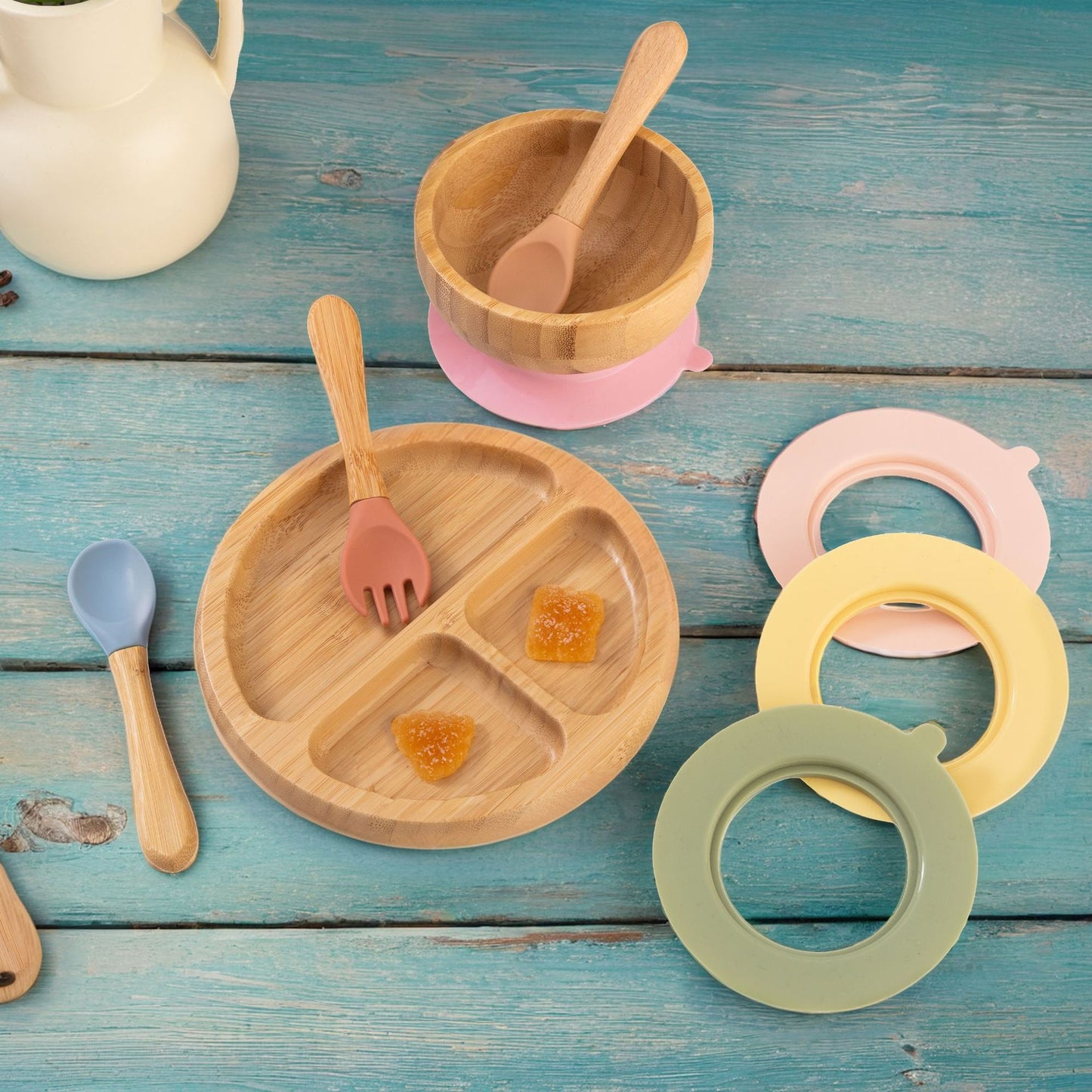 Bamboo Round Compartment Dinner Fruit Plate Tray Silicone Supplies