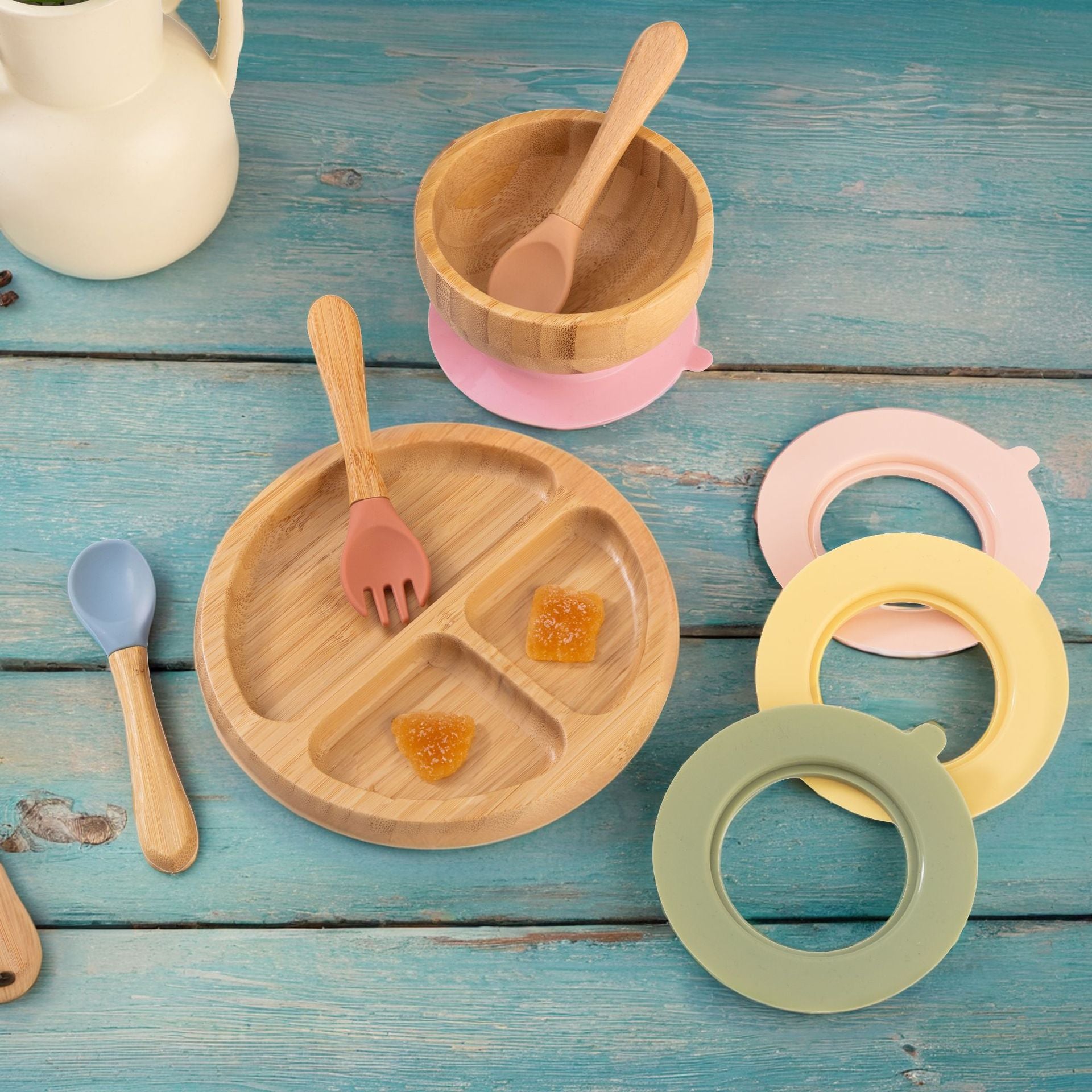 Bamboo Round Compartment  Dinner and Fruit Plate Tray Supplies With Strong Silicone