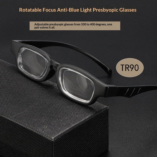 Rotatable Focus-adjustable 50 To 400 Diopters Blue-light-blocking Reading Glasses For Seniors