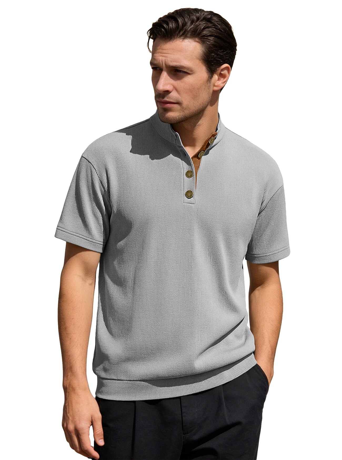 Men's Casual Stand-Up Collar Short-Sleeve Corduroy Knitted Pullover Shirt