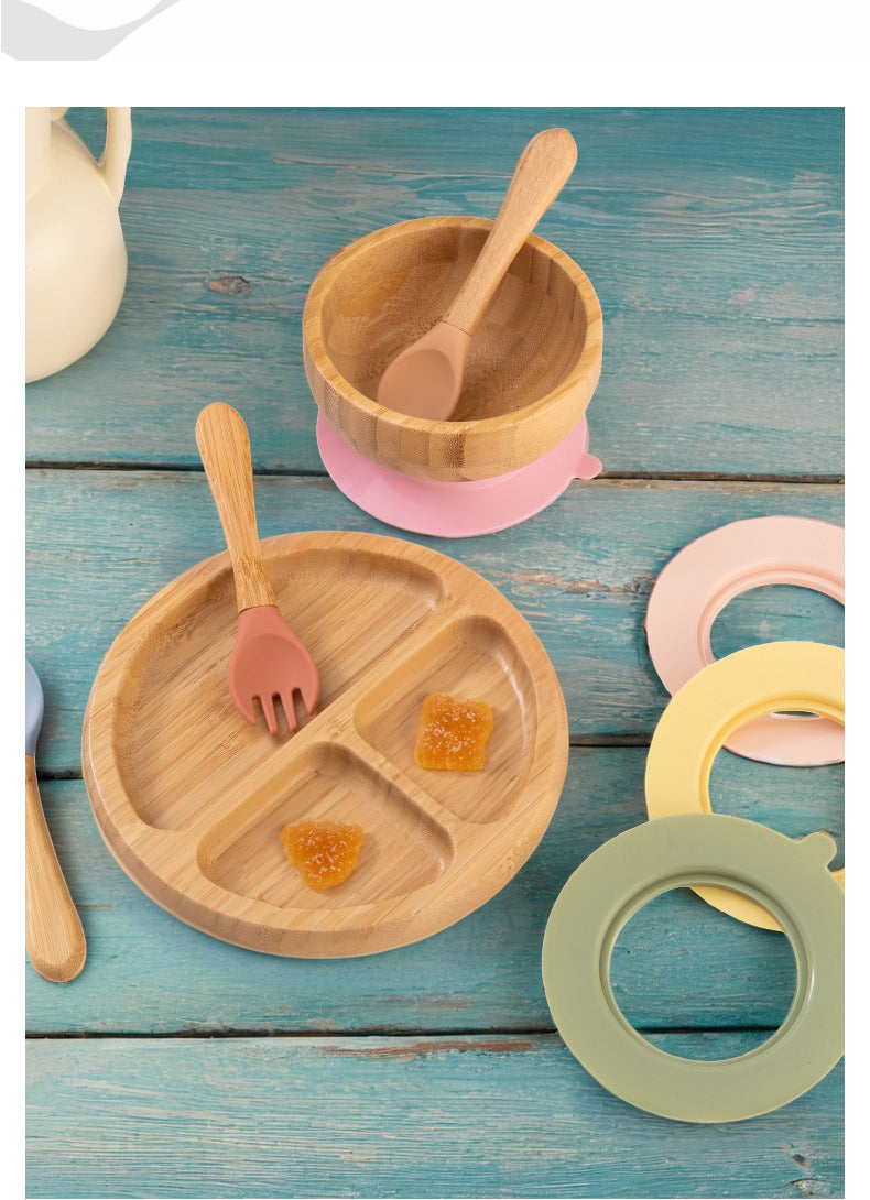 Bamboo Round Compartment  Dinner and Fruit Plate Tray Supplies With Strong Silicone