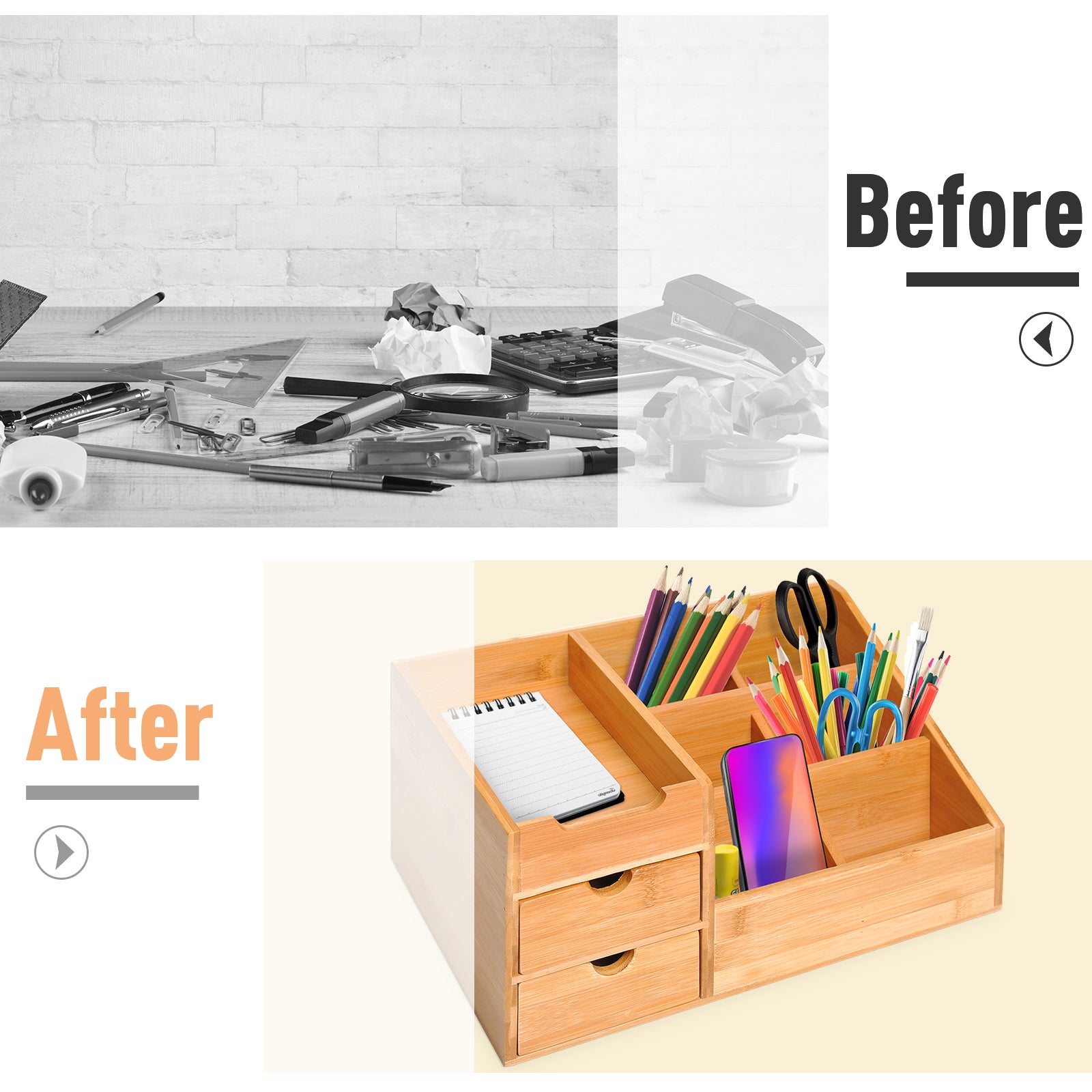 Desk Organiser, Bamboo Multi-Function Storage With 7 Storage Compartments And 2 Drawers For Home Office Stationary Supplies