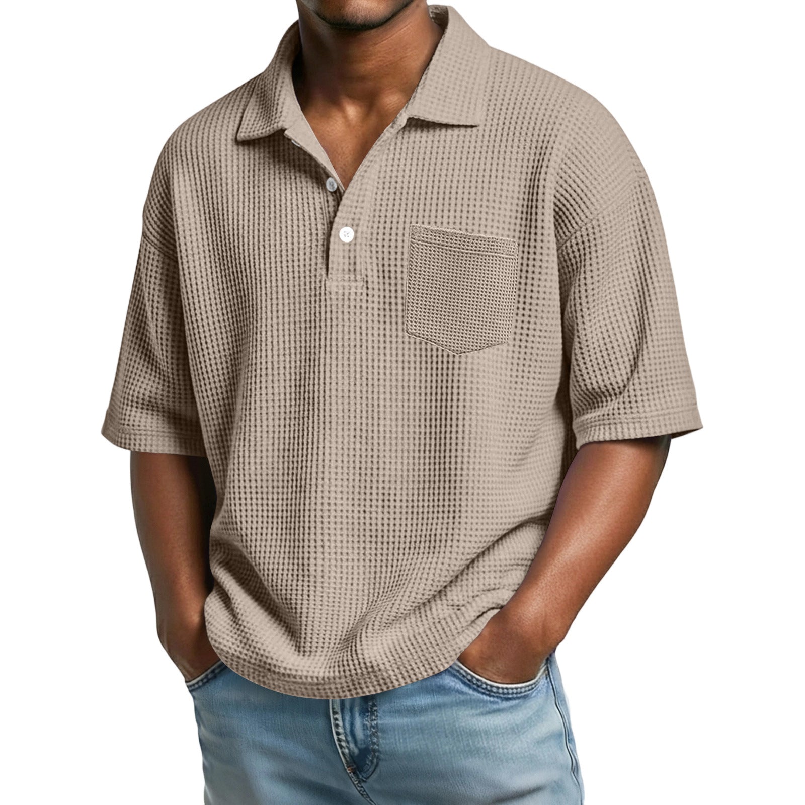 Men's Waffle-Weave Solid Color Short-Sleeve Lapel Polo Shirt