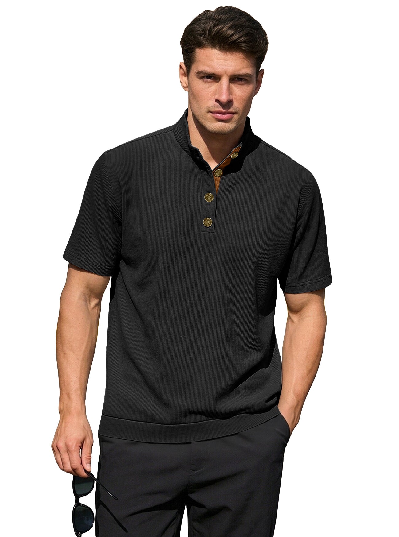 Men's Casual Stand-Up Collar Short-Sleeve Corduroy Knitted Pullover Shirt