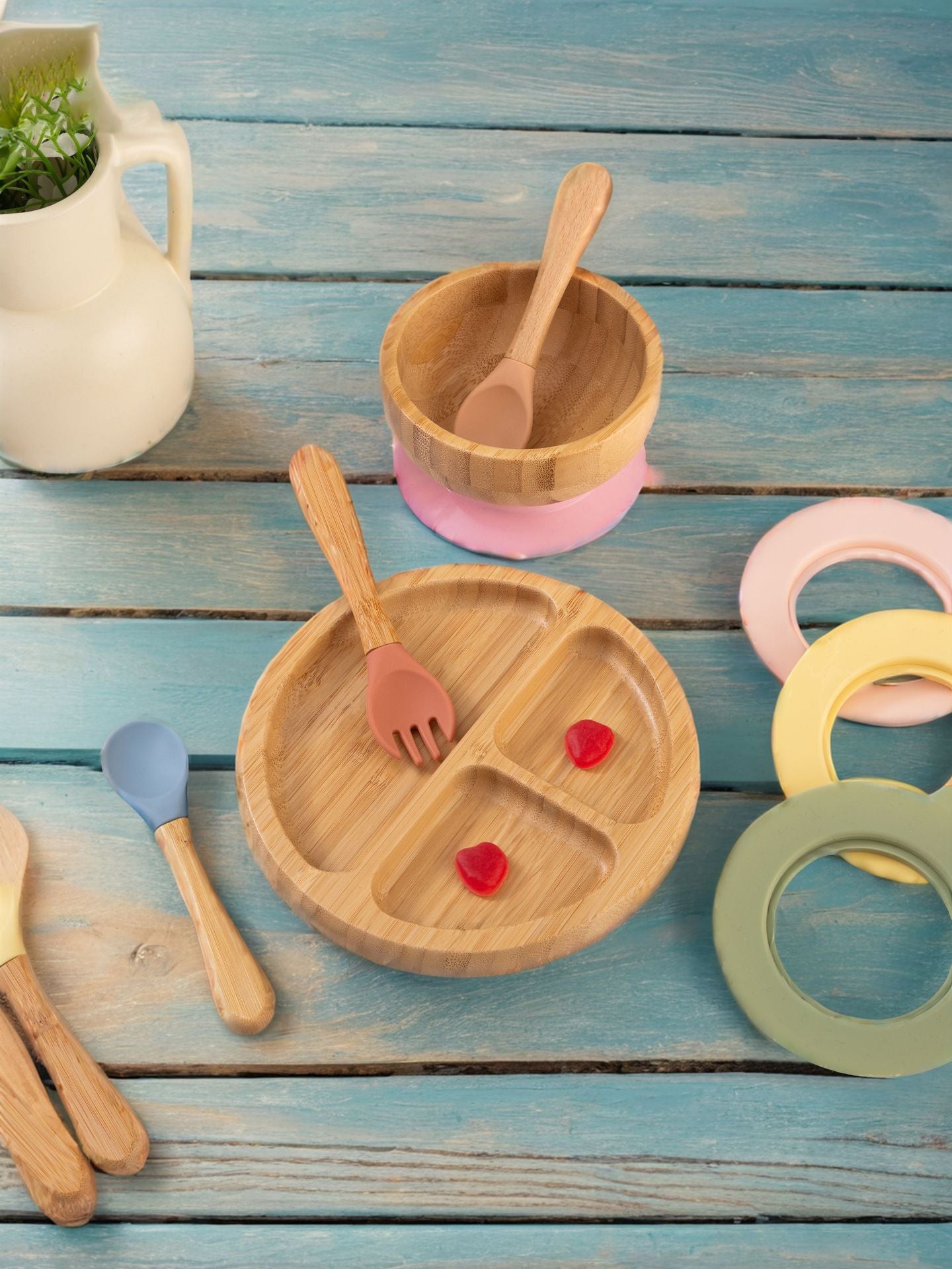 Bamboo Round Compartment  Dinner and Fruit Plate Tray Supplies With Strong Silicone