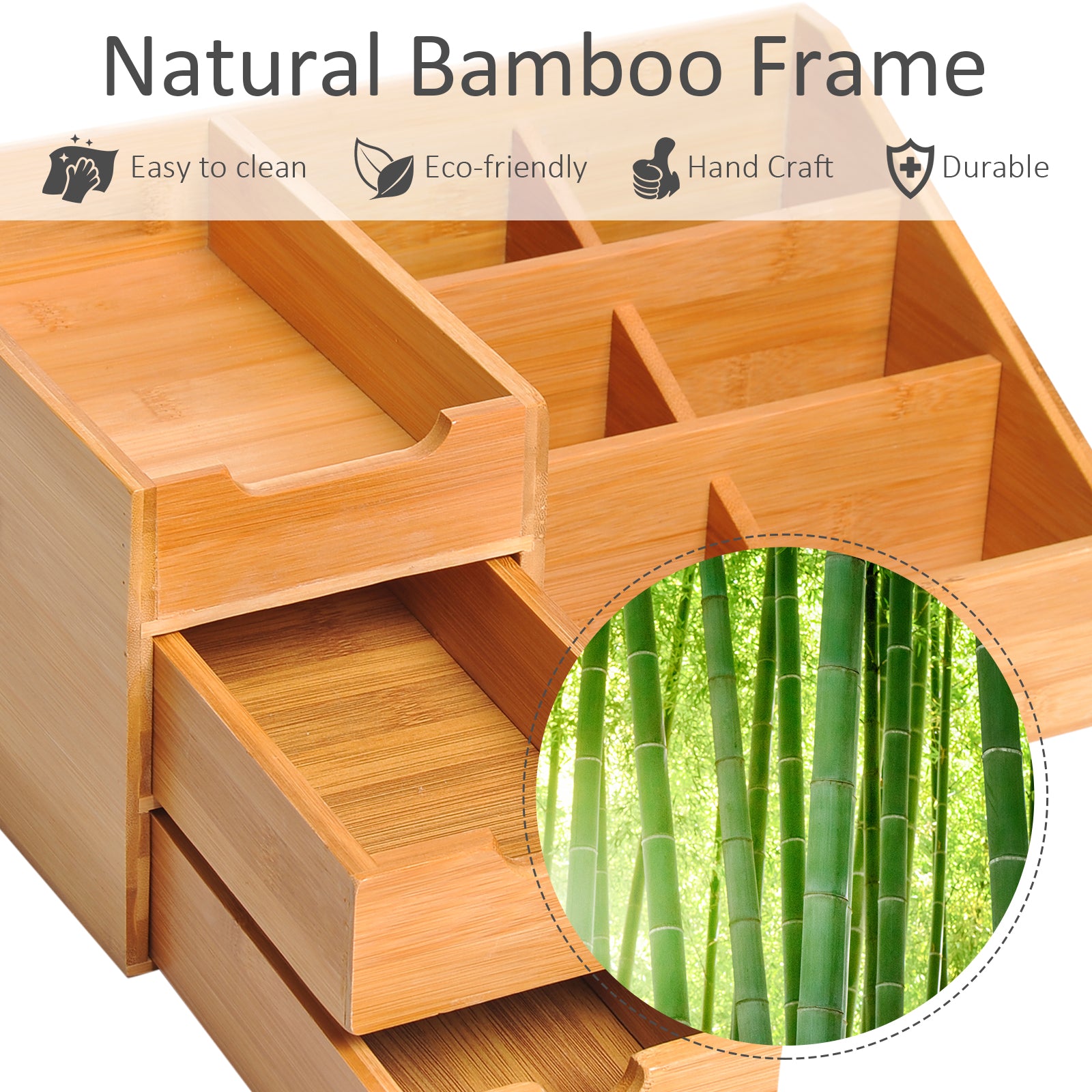 Desk Organiser, Bamboo Multi-Function Storage With 7 Storage Compartments And 2 Drawers For Home Office Stationary Supplies
