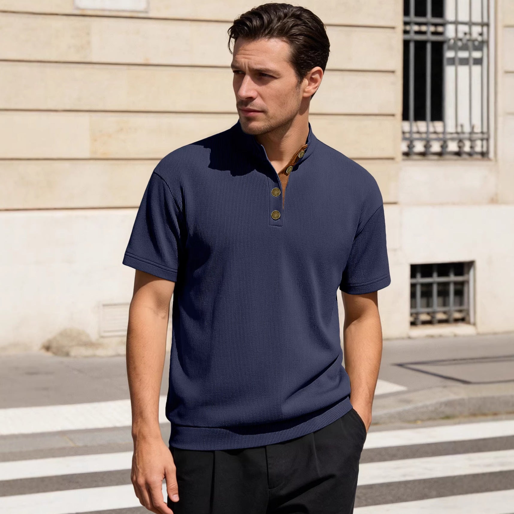 Men's Casual Stand-Up Collar Short-Sleeve Corduroy Knitted Pullover Shirt