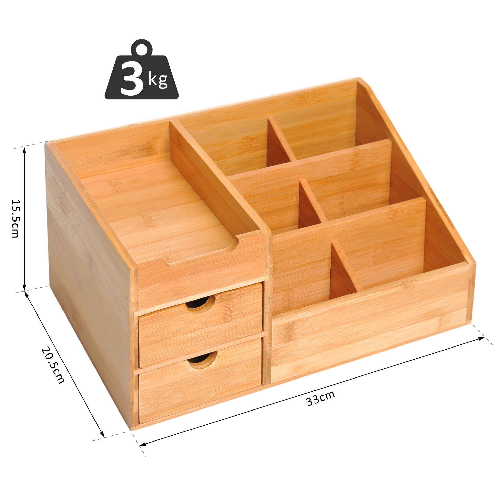 Desk Organiser, Bamboo Multi-Function Storage With 7 Storage Compartments And 2 Drawers For Home Office Stationary Supplies