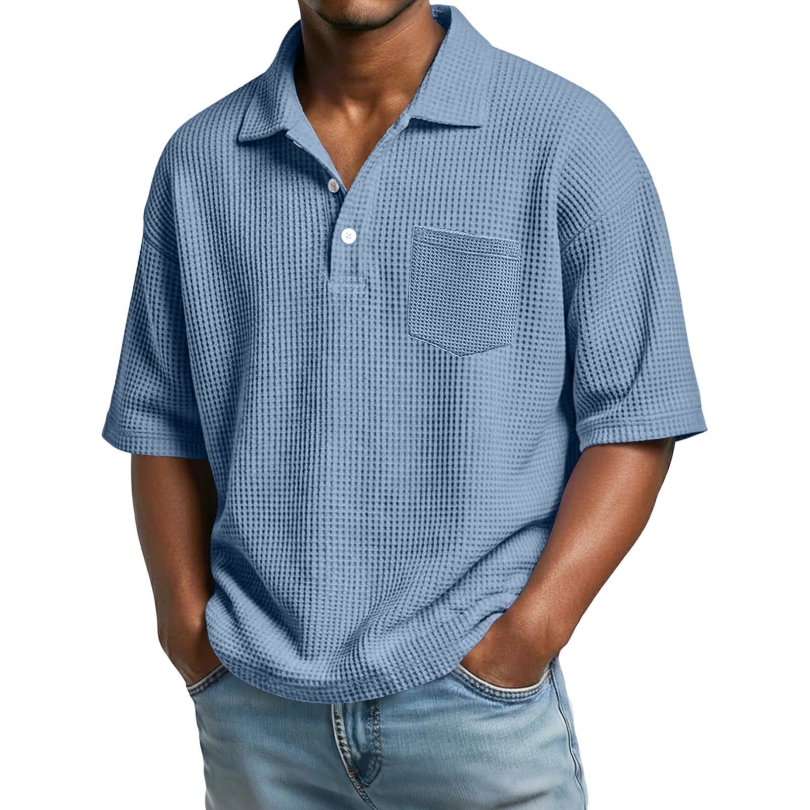 Men's Waffle-Weave Solid Color Short-Sleeve Lapel Polo Shirt