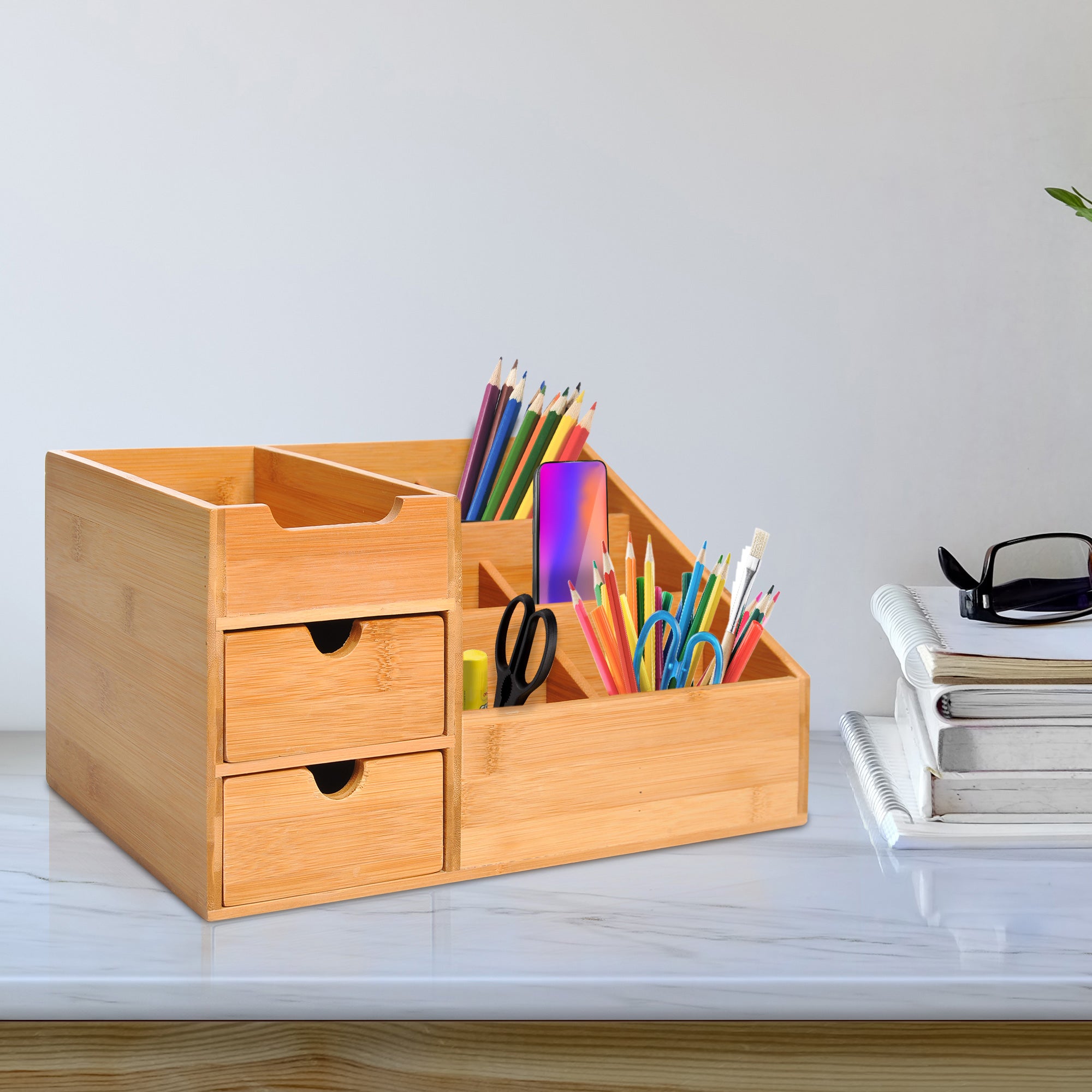 Desk Organiser, Bamboo Multi-Function Storage With 7 Storage Compartments And 2 Drawers For Home Office Stationary Supplies