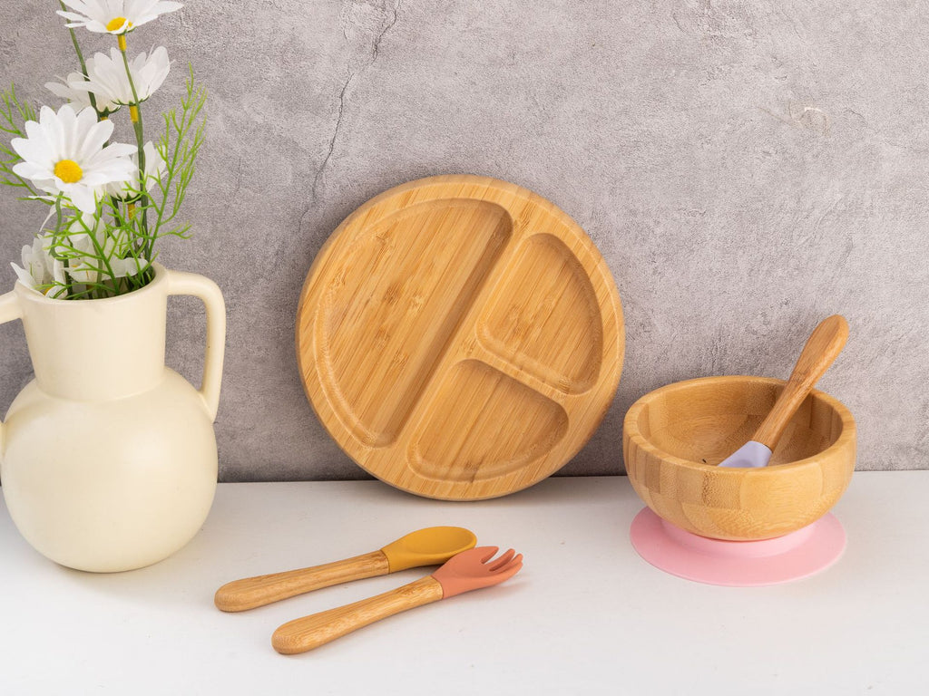 Bamboo Round Compartment  Dinner and Fruit Plate Tray Supplies With Strong Silicone