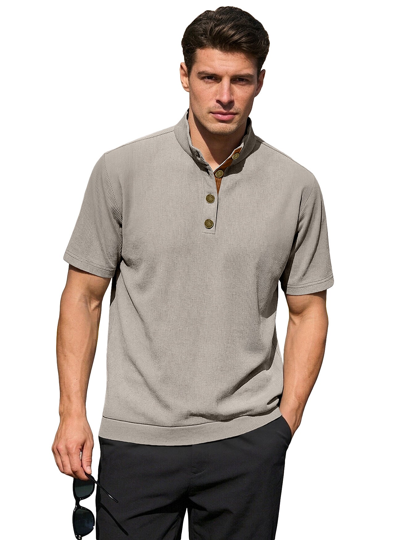 Men's Casual Stand-Up Collar Short-Sleeve Corduroy Knitted Pullover Shirt