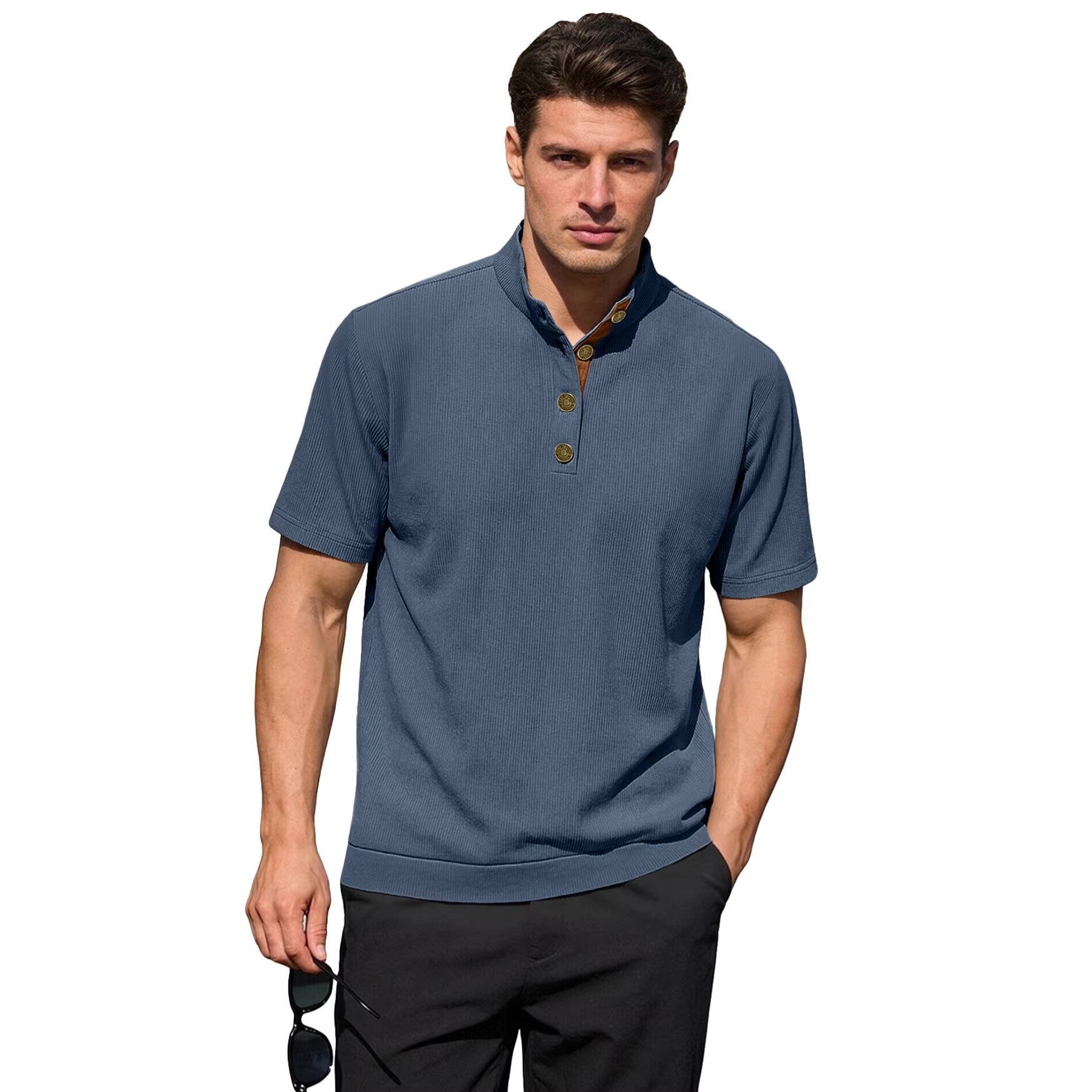 Men's Casual Stand-Up Collar Short-Sleeve Corduroy Knitted Pullover Shirt