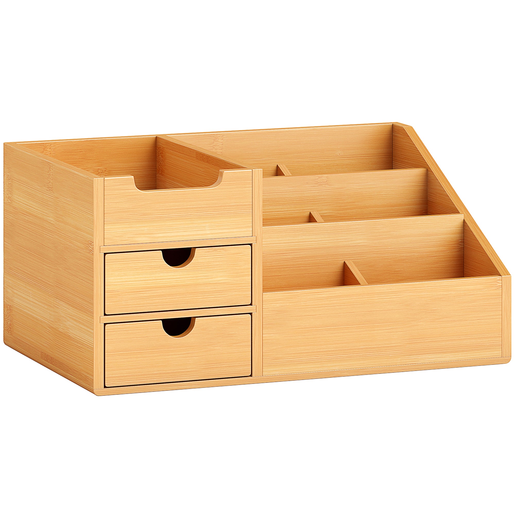 Desk Organiser, Bamboo Multi-Function Storage With 7 Storage Compartments And 2 Drawers For Home Office Stationary Supplies
