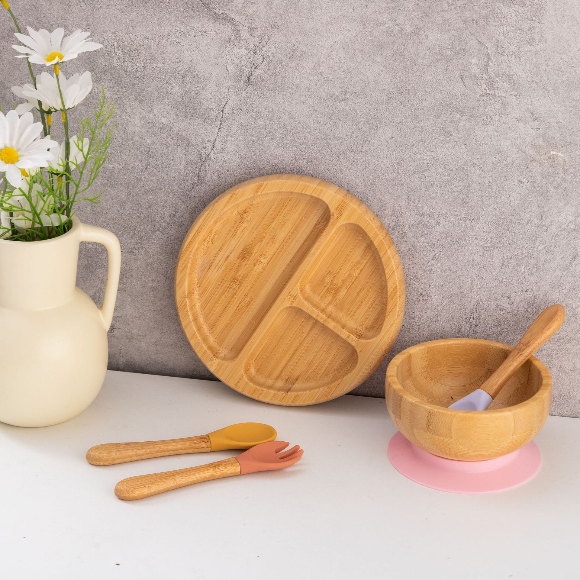 Bamboo Round Compartment  Dinner and Fruit Plate Tray Supplies With Strong Silicone