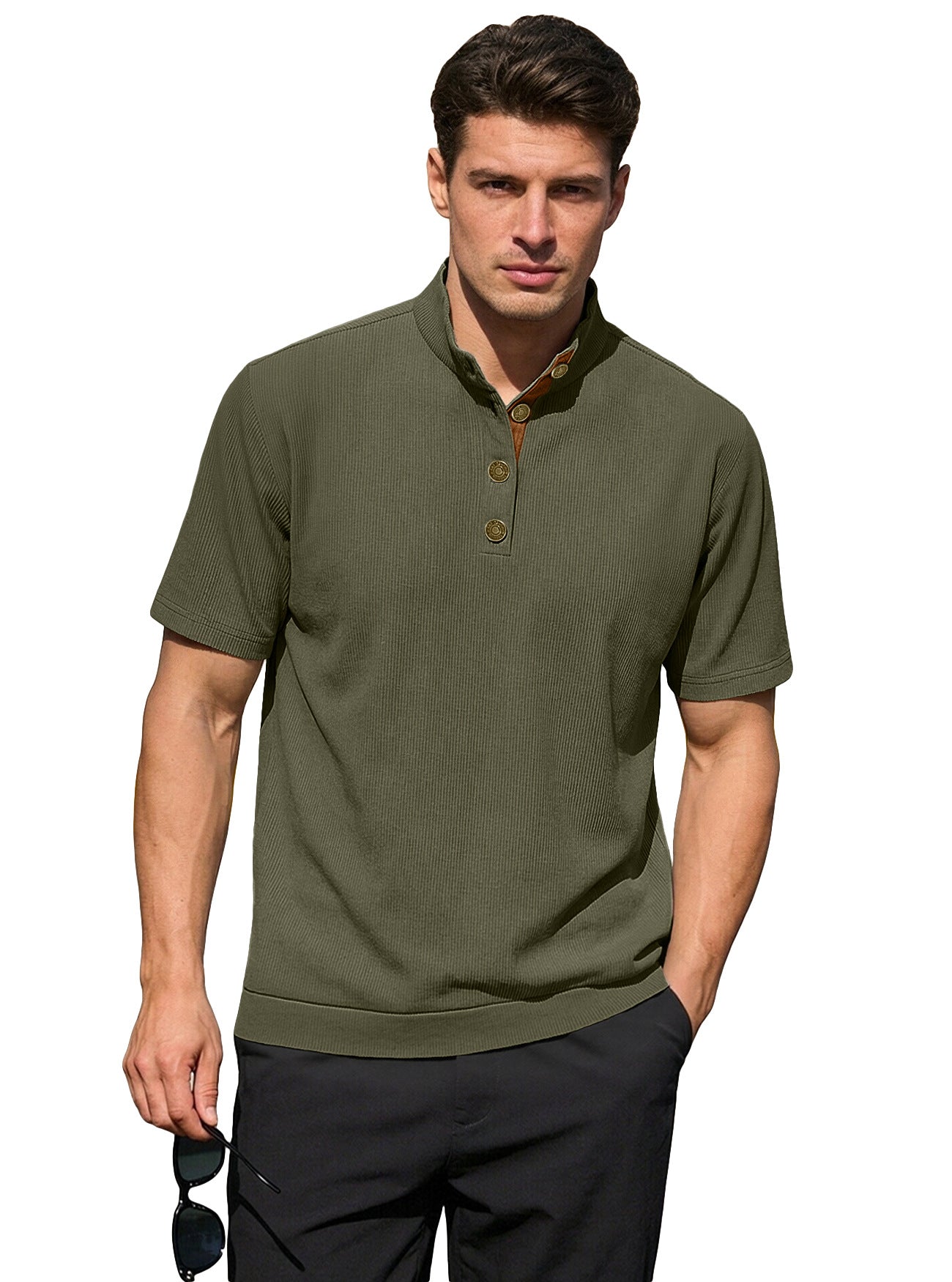Men's Casual Stand-Up Collar Short-Sleeve Corduroy Knitted Pullover Shirt