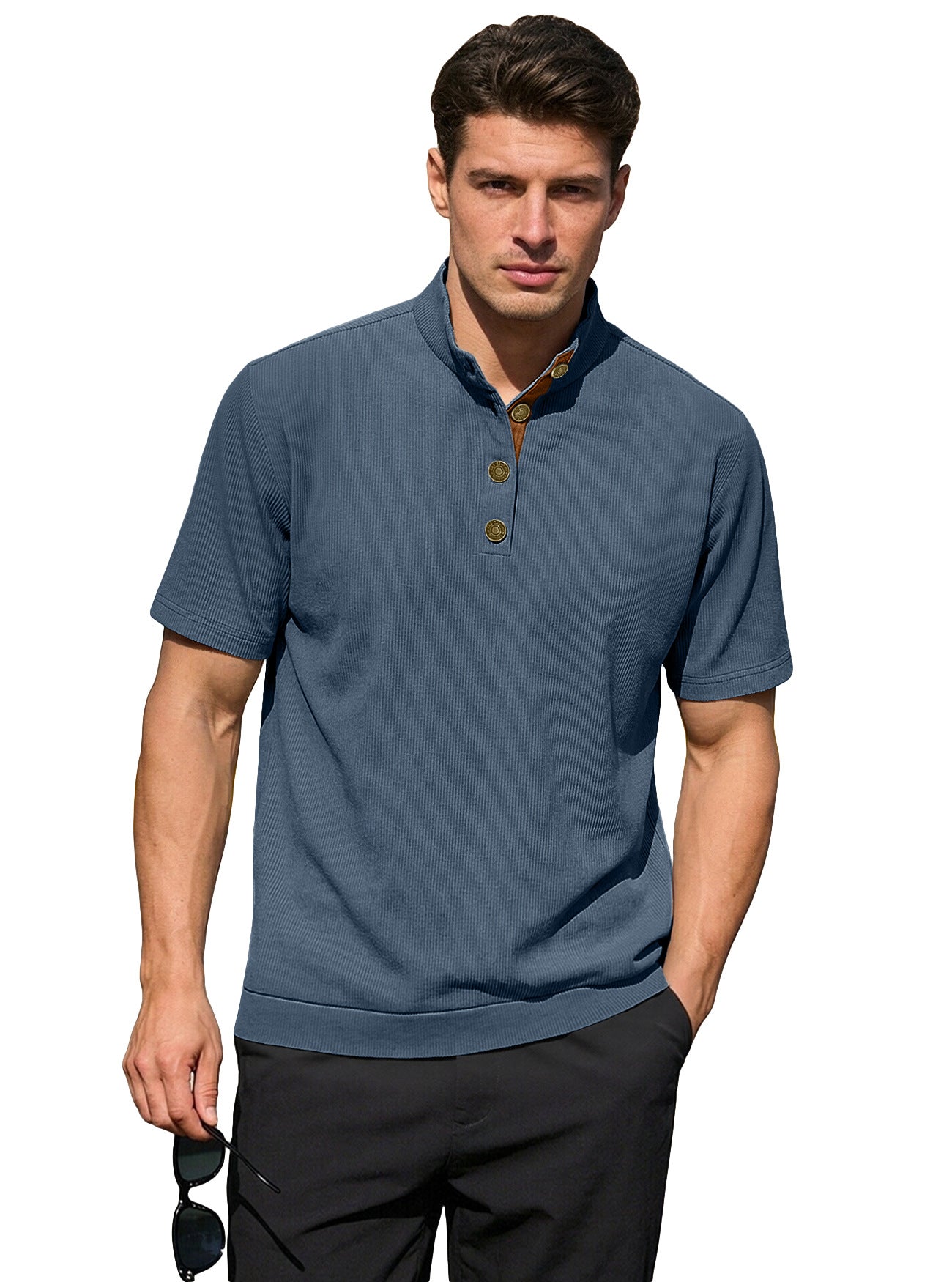 Men's Casual Stand-Up Collar Short-Sleeve Corduroy Knitted Pullover Shirt